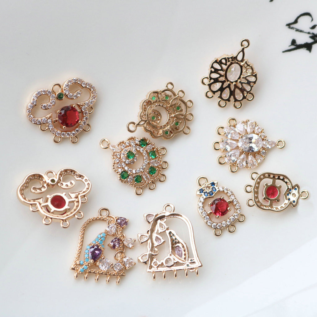 CZ Pave Geometric Flower Charm, Cubic Zircon Crystal Pendant, Multiple Holes, 14K Real Gold Plated, Jewelry Findings HL012-F192