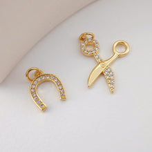 Load image into Gallery viewer, Gold Horseshoe Charm, Gold Scissors Pendant, 18K Gold Plated, CZ Pave, Jewelry Findings S1115