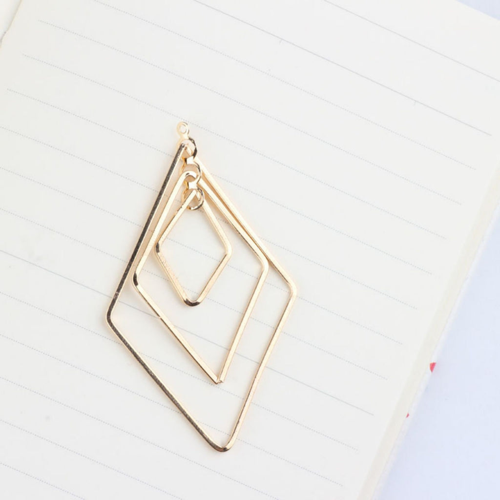 Drop Triple Diamond Shape Pendant, 18K Shiny Gold/Silver Plated Drop Openwork Pendant 40x66mm for Jewelry Making Supply QR038