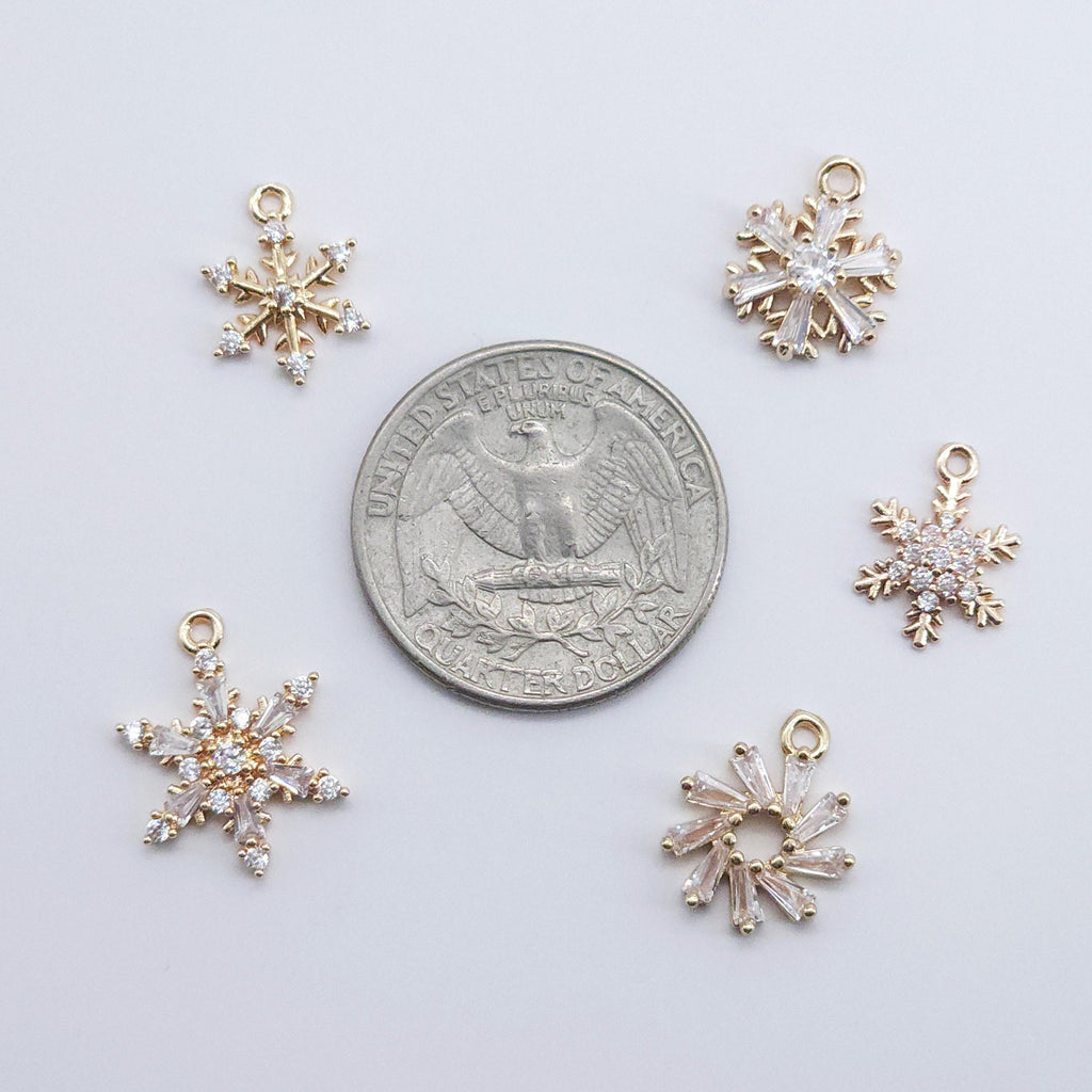 Snowflake Charm, Cubic Zircon Crystal Snowflake Pendant, CZ Earring Charms,  Gold Plated Brass Earring Charms, Jewelry Findings ZR018-F171