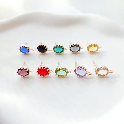 2pcs Oval Ear Post with Loops, 10 Colors Gemstone, Nickel Free, CZ 18K Gold Plated Stud Earring Finding D0224