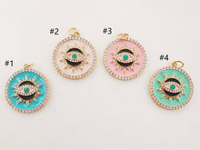 Load image into Gallery viewer, Enamel Cubic Evil Eye Charm, 18K Gold Plated Micro CZ Pave Round Pendant, 21mm, Necklace Making Charm, Jewelry Findings S20229