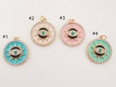 Enamel Cubic Evil Eye Charm, 18K Gold Plated Micro CZ Pave Round Pendant, 21mm, Necklace Making Charm, Jewelry Findings S20229