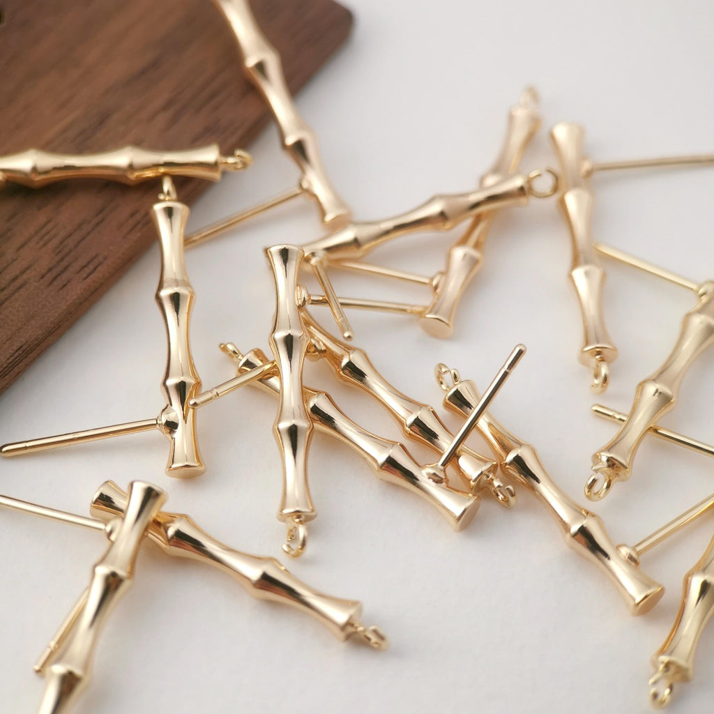 4pcs Gold Bamboo Earring Post With Loop, Bamboo Stud Earring Nickel Free, 23mm, Hypoallergenic Earring Findings Z079