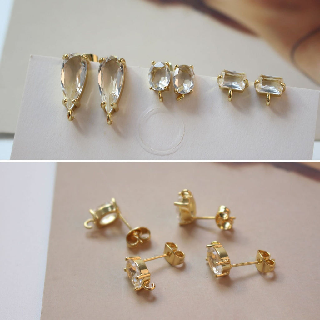 Rectangle Ear Post with Loops, Nickel Free, Micro CZ Pave, 18K Gold Plated Stud Earring Finding BB031-F237