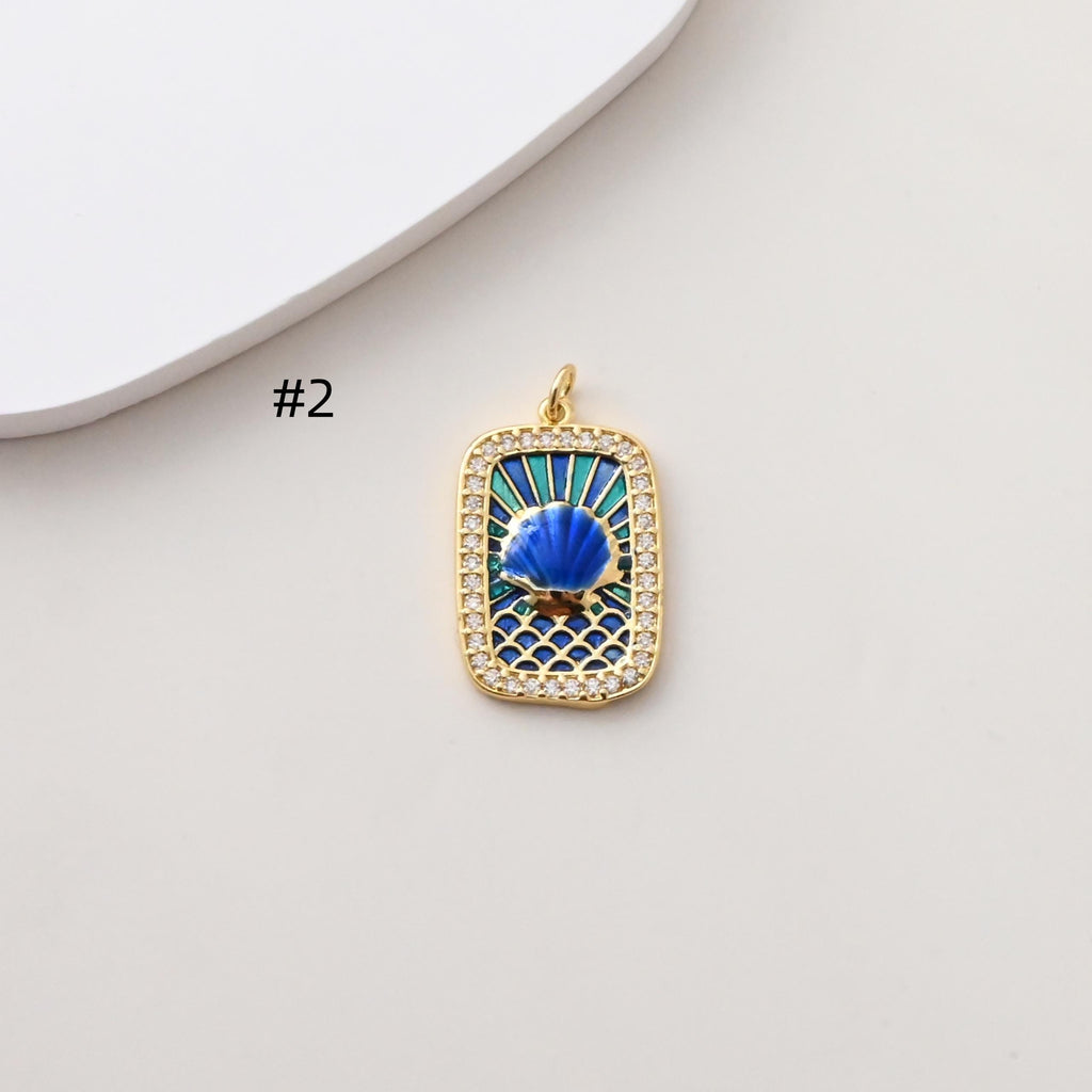 Rectangular Card Charm, Enamel Pendant, 18K Gold Plated, CZ Pave Pendant, Marine Life Pendant, Necklace Making Charm, Jewelry Findings S1388