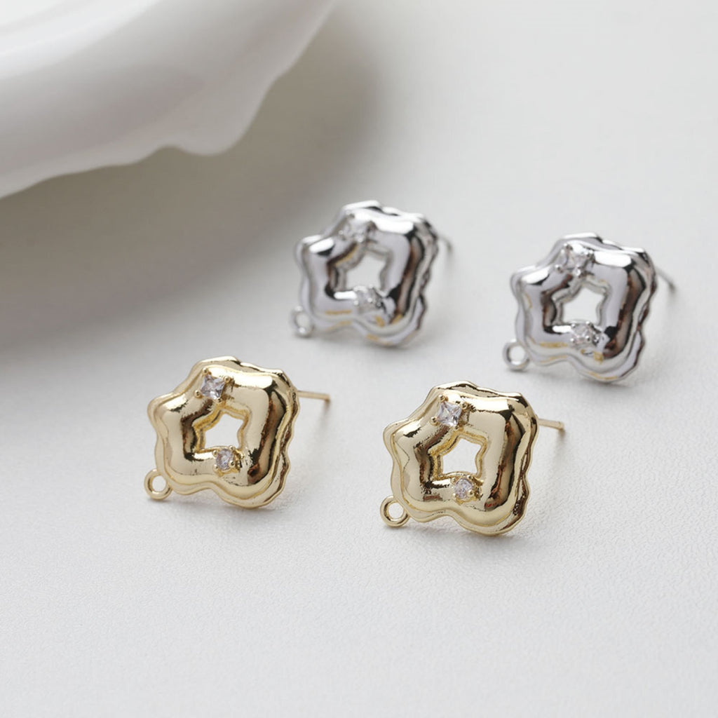 Irregular Pave CZ Earring Post, 14K Gold/Silver Plated, S925 Silver Pin Nickel Free Earrings, Hypoallergenic Earring Findings GT017