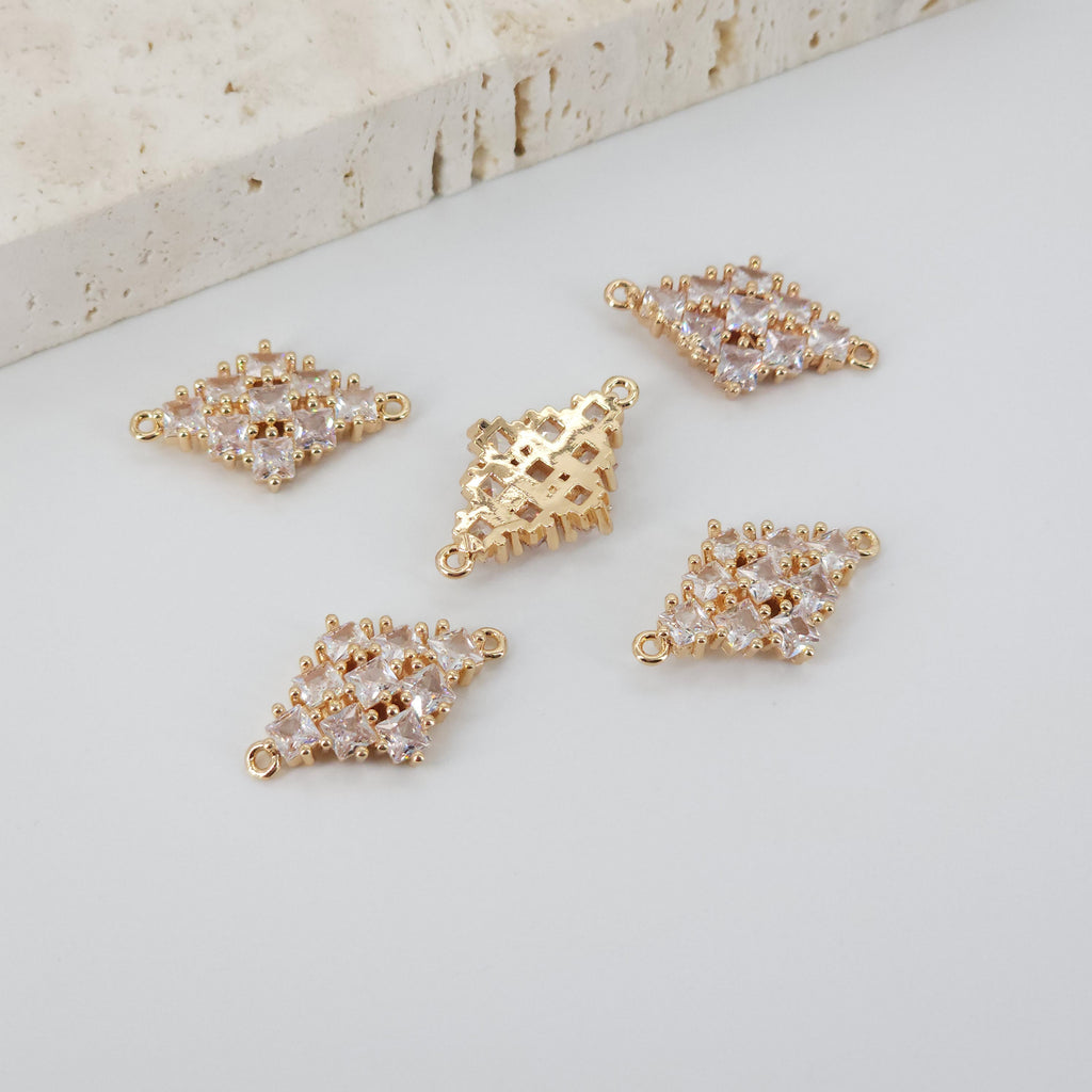Dije de conector de rombo, colgante de cristal de circonita cúbica, dijes para pendientes de latón bañado en oro auténtico, accesorios de joyería CC024-F058