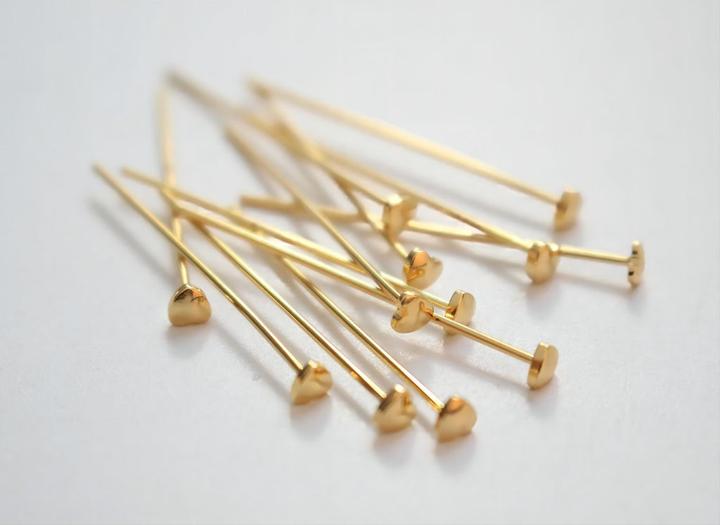 20pcs Heart Pins, Heart Head Pins, 14K Gold Plated, 22Gauge, 30mm Component for Jewelry Making Findings GD007