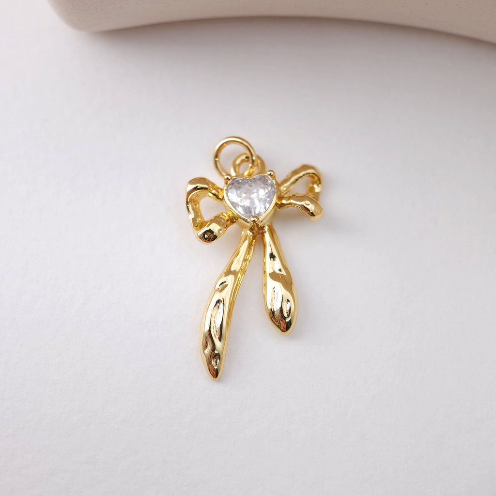 CZ Pave Bow Tie Charm, Cubic Zircon Crystal Bow Tie Pendant, Bracelet Necklace Pendant,  Gold Plated, Jewelry Findings S1216