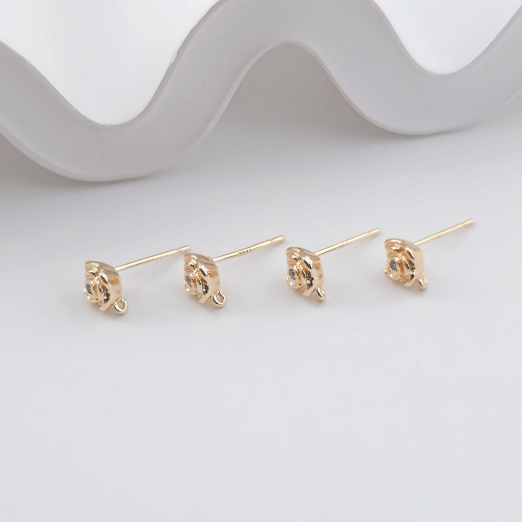 Rose Flower Earring Post, 18K Real Gold Plated Brass Stud Earring With Loop, Nickel Free, Earring Finding ZX331