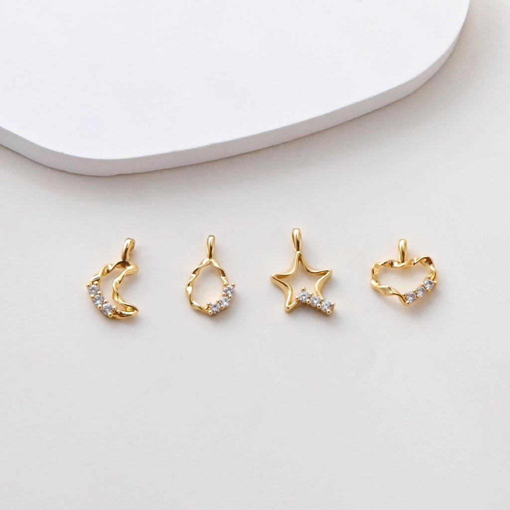 Twisted Moon/Teardrop/Star/Heart Charms, 18K Gold Plated, CZ Hollow Pendant, Necklace And Bracelets Making Pendants, Jewelry Findings S1393