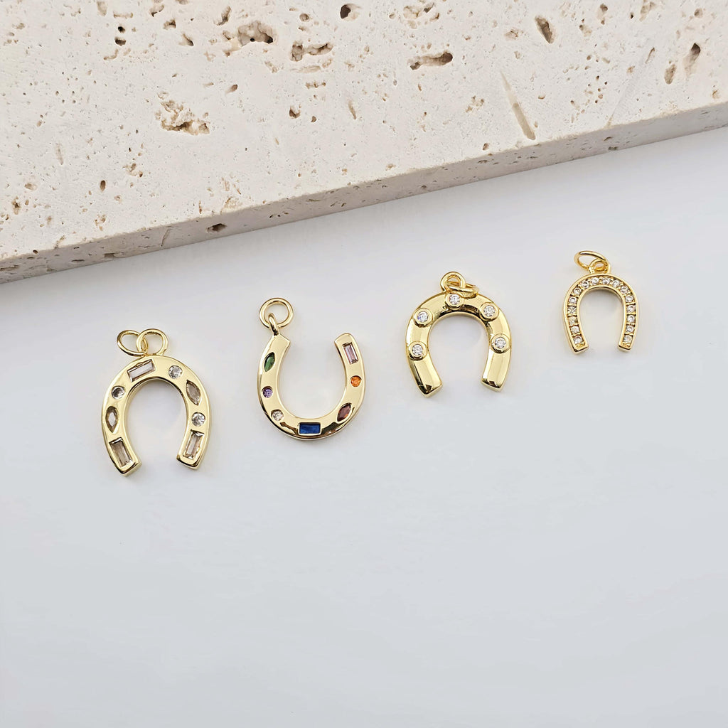 Gold Horseshoe Charm, 18K Gold CZ Pave Pendant, 18K Gold Plated, Rainbow CZ, Jewelry Findings S1281
