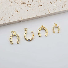 Load image into Gallery viewer, Gold Horseshoe Charm, 18K Gold CZ Pave Pendant, 18K Gold Plated, Rainbow CZ, Jewelry Findings S1281