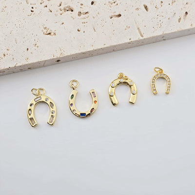 Gold Horseshoe Charm, 18K Gold CZ Pave Pendant, 18K Gold Plated, Rainbow CZ, Jewelry Findings S1281