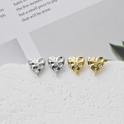 Hammered Heart Earrings Post With Loop, 18K Gold Plated, Nickel Free, S925 Silver Pin, Ear Stud Hypoallergenic Earring Findings D0437