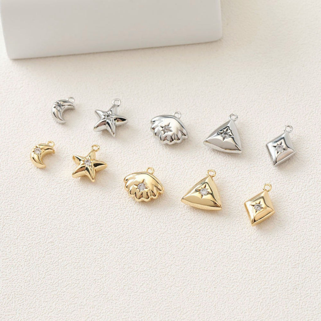 Dijes de estrella, luna, concha, triángulos, colgante de pavé cúbico de cristal, chapado en oro de 14 quilates, fabricación de collares, accesorios de joyería GZ407