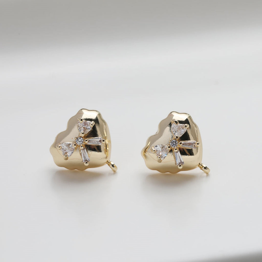 Heart CZ Post Earring, 14K Gold/Silver Nickel Free Earrings, S925 Silver Ear Pins, Heart Shape Ear Stud with Loop GZ508