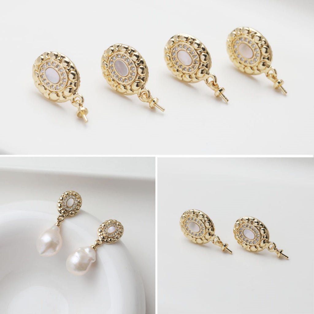 Oval Shape Post Earring, S925 Silver Ear Pin Nickel Free, Pave CZ, MOP, Ear Stud with Peg Bail Caps for Half Drilled Earring Findings GZ503