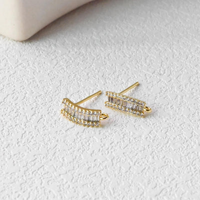 C Shape Ear Post, Nickel Free, CZ Pave, 13*4.8mm, S925 silver pin, 18K Gold Plated Stud Earring Finding D0443