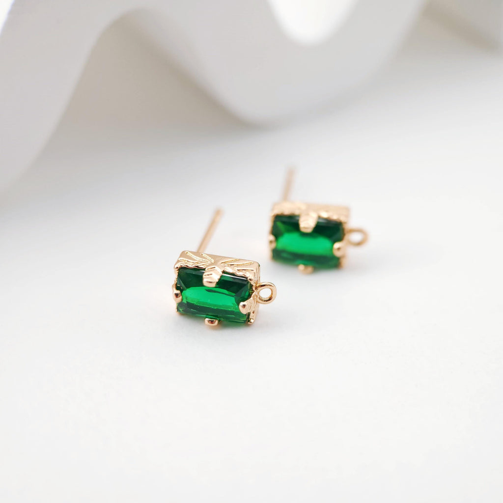 2pcs Rectangular Ear Post with Loops, 5 Colors Gemstone, Nickel Free, CZ 18K Gold Plated Stud Earring Finding D0226