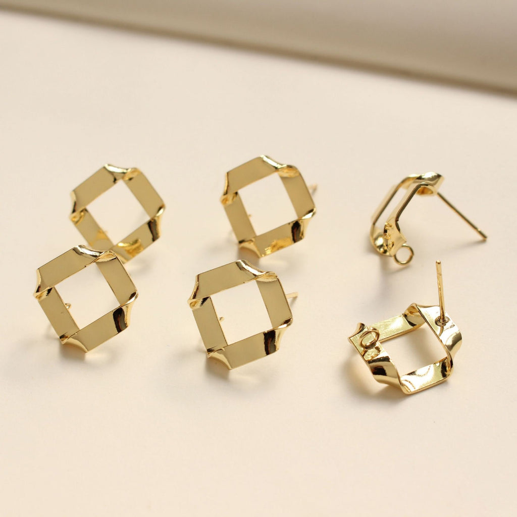 18K Gold Plated Fold Earring Post with loop, Gold Rhombus Post, S925 Silver Ear Pin, for Jewelry Making BB078