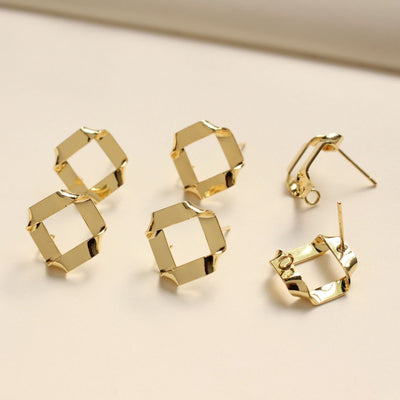 18K Gold Plated Fold Earring Post with loop, Gold Rhombus Post, S925 Silver Ear Pin, for Jewelry Making BB078