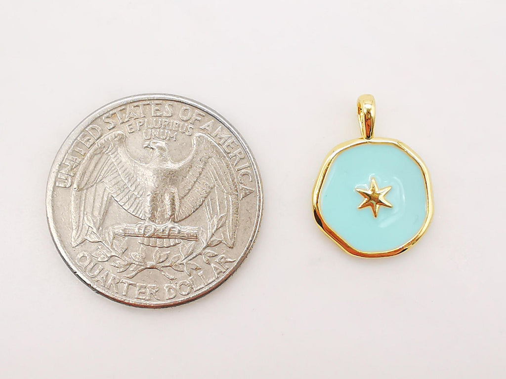 Multicolor Enamel Round Coin Charm, 18K Gold Plated Star/Heart/Moon/Wing/Light, 14mm, Necklace Bracelet Making Pendant, S910