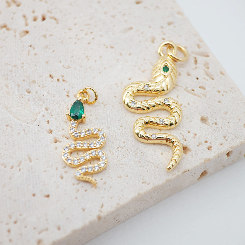 Snake Charm, 18K Gold Plated Snake Pendant for Necklace Making, 30x12mm, Micro CZ Pave Charm, Jewelry Finding S928