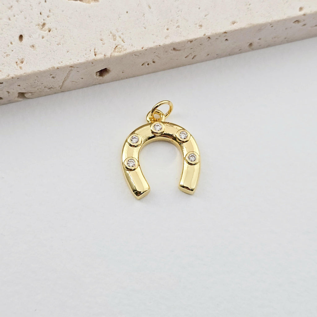 Gold Horseshoe Charm, 18K Gold CZ Pave Pendant, 18K Gold Plated, Rainbow CZ, Jewelry Findings S1281