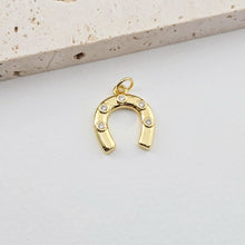 Load image into Gallery viewer, Gold Horseshoe Charm, 18K Gold CZ Pave Pendant, 18K Gold Plated, Rainbow CZ, Jewelry Findings S1281