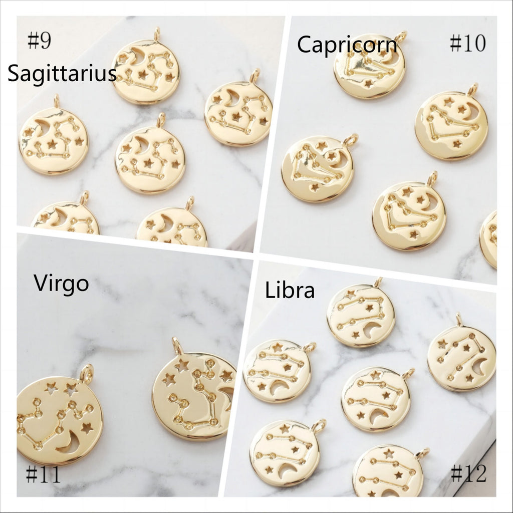 Zodiac Charms, Round Constellation Pendant, 14K Gold Plated Zodiac Sign, Necklace Making Charms, Birthday Gift Jewelry Findings JG048