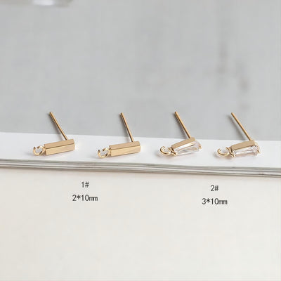 10pcs Rectangular Mini Ear Post with Loops, S925 Silver Ear Pin, Nickel Free, Zircon Gemstones 18K Gold Plated Stud Earring Finding ZX040
