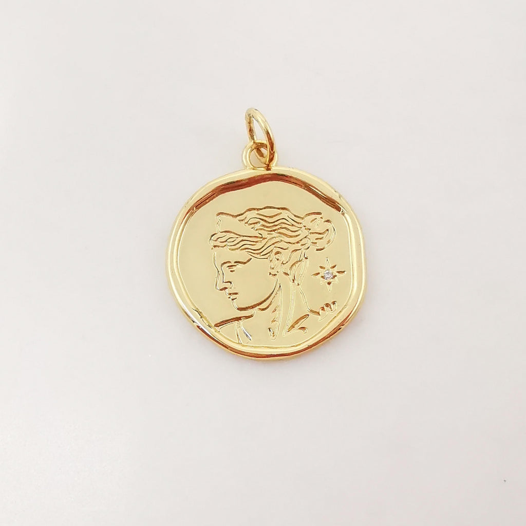 Gold Beauty Charm, 18K Gold Plated Round Pendant, 25mm, Necklace Making Charm, Jewelry Findings Round S1015