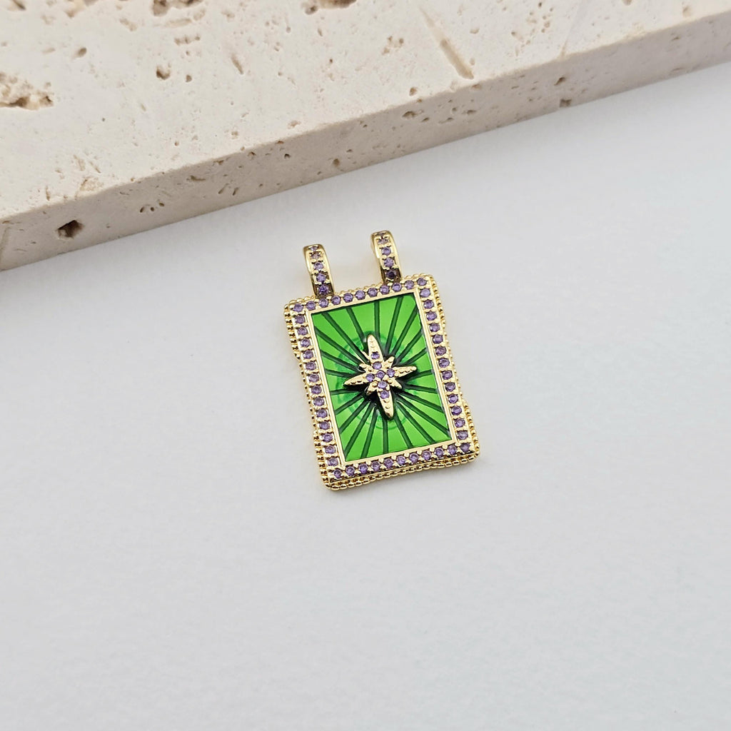 Rectangular Cubic Charm, 18K Gold Plated CZ Pave Pendant, Star and Moon, Planet Pendant, Necklace Making Charm, Jewelry Findings S1289