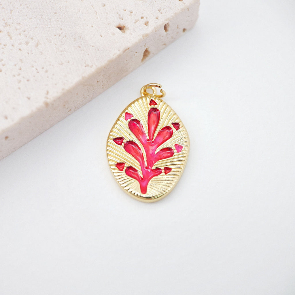 Woodland Plants Pendant, 18K Gold Plated, Turquoise, Necklace Making Charm, Jewelry Findings S20452