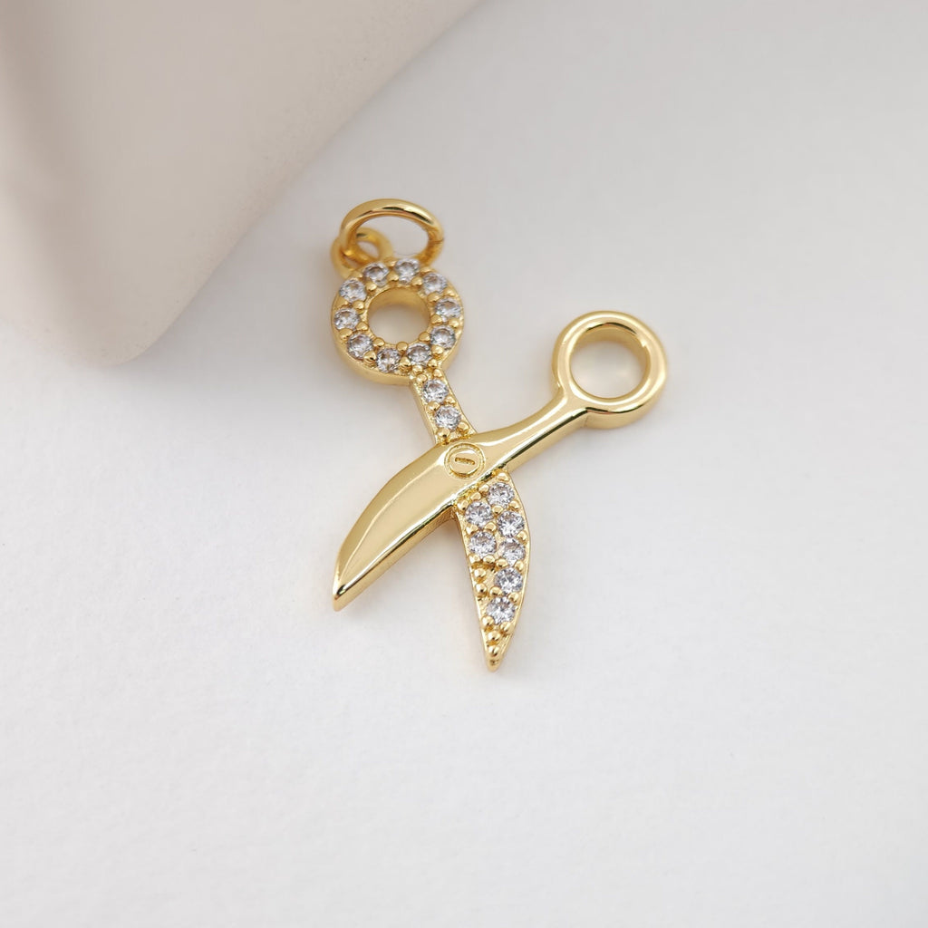 Gold Horseshoe Charm, Gold Scissors Pendant, 18K Gold Plated, CZ Pave, Jewelry Findings S1115