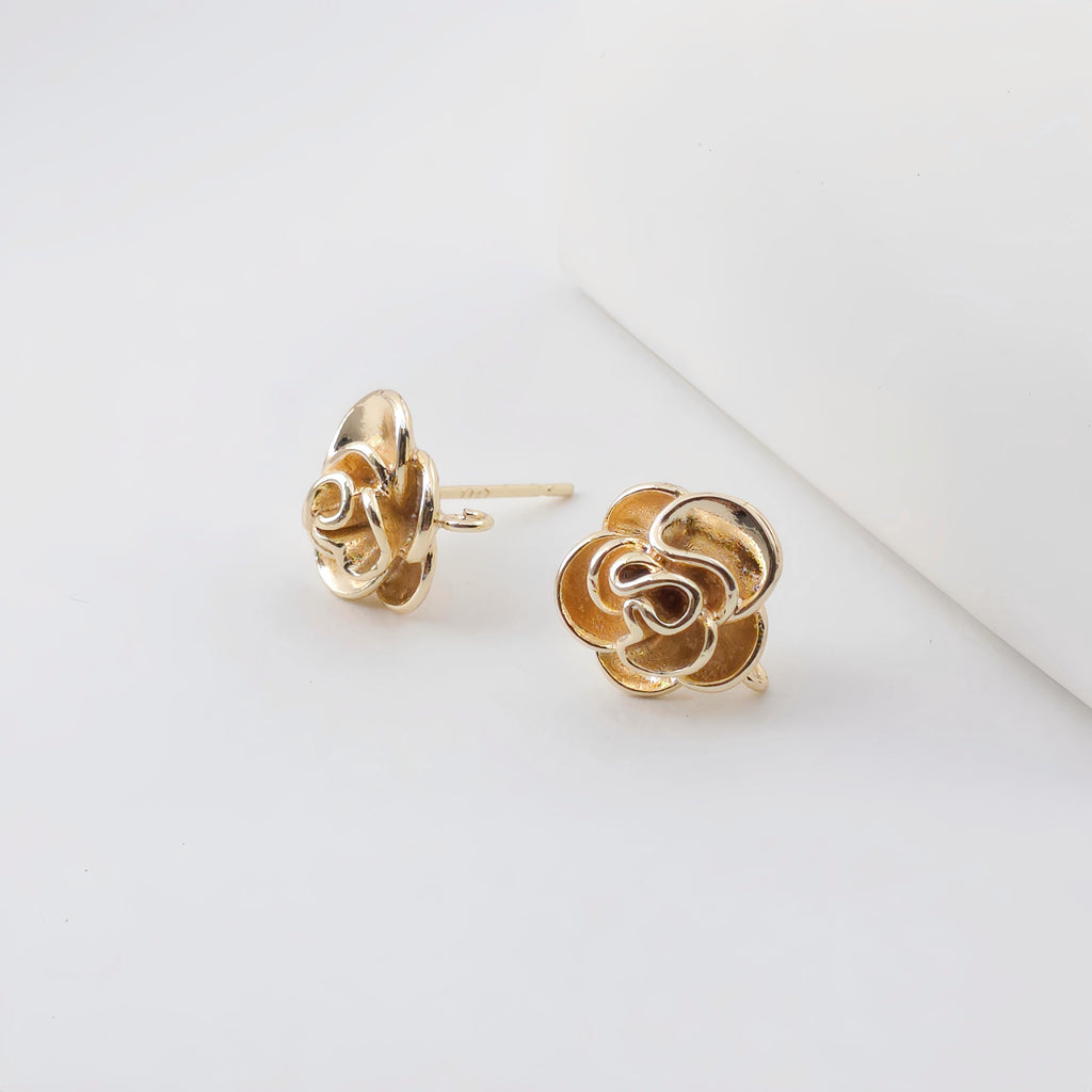 Rose Flower Earring Post, 18K Real Gold Plated Brass Stud Earring With Loop, Nickel Free, Earring Finding ZX326