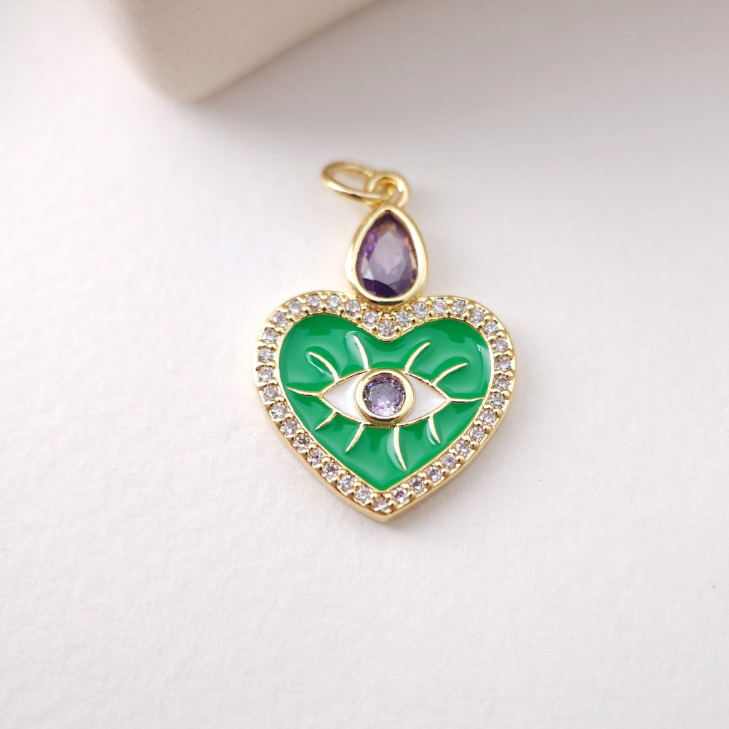 Heart Shape Evil Eye Charm, 18K Gold Plated Micro CZ Pave Enamel Eye Pendant, Necklace Making Charm, Jewelry Findings S1199