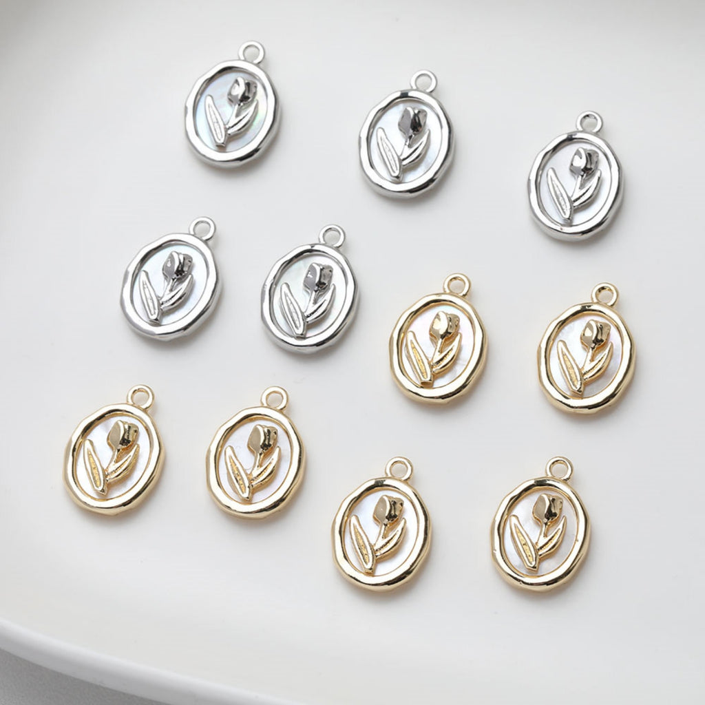 Tulips Oval Shell Pendant, 14K Gold/Silver, Oval Charm, Real Gold Plated, Jewelry Making Findings GZ507