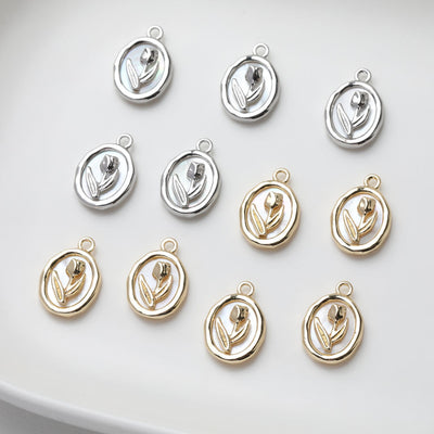 Tulips Oval Shell Pendant, 14K Gold/Silver, Oval Charm, Real Gold Plated, Jewelry Making Findings GZ507