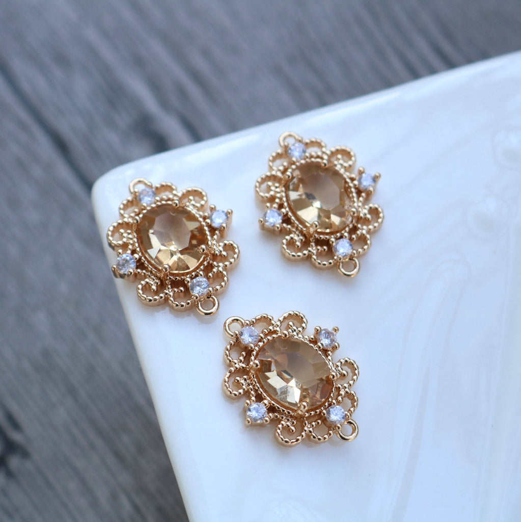 10pcs Flower Oval Charm, Cubic Zircon Crystal Flower Pendant, Real Gold Plated Brass Earring Charms, Jewelry Findings HL079-F119