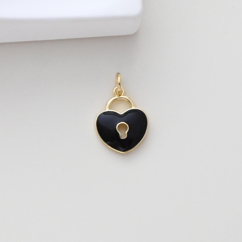 Enameled Heart Lock Pendant, Heart Lock Charm, 18K Gold Plated Necklace Making Pendant, Love Lock Pendant, Jewelry Findings S1308