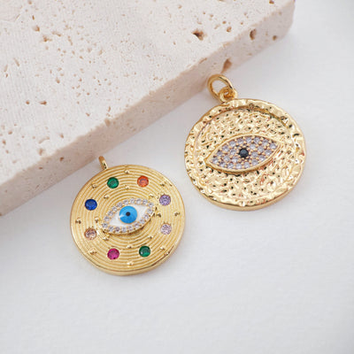 Evil Eye Hammered Round Charms, Clear Cubic Pave Pendant, 18K Gold Plated Evil Eye Charms, Necklace charms, Jewelry Findings S733