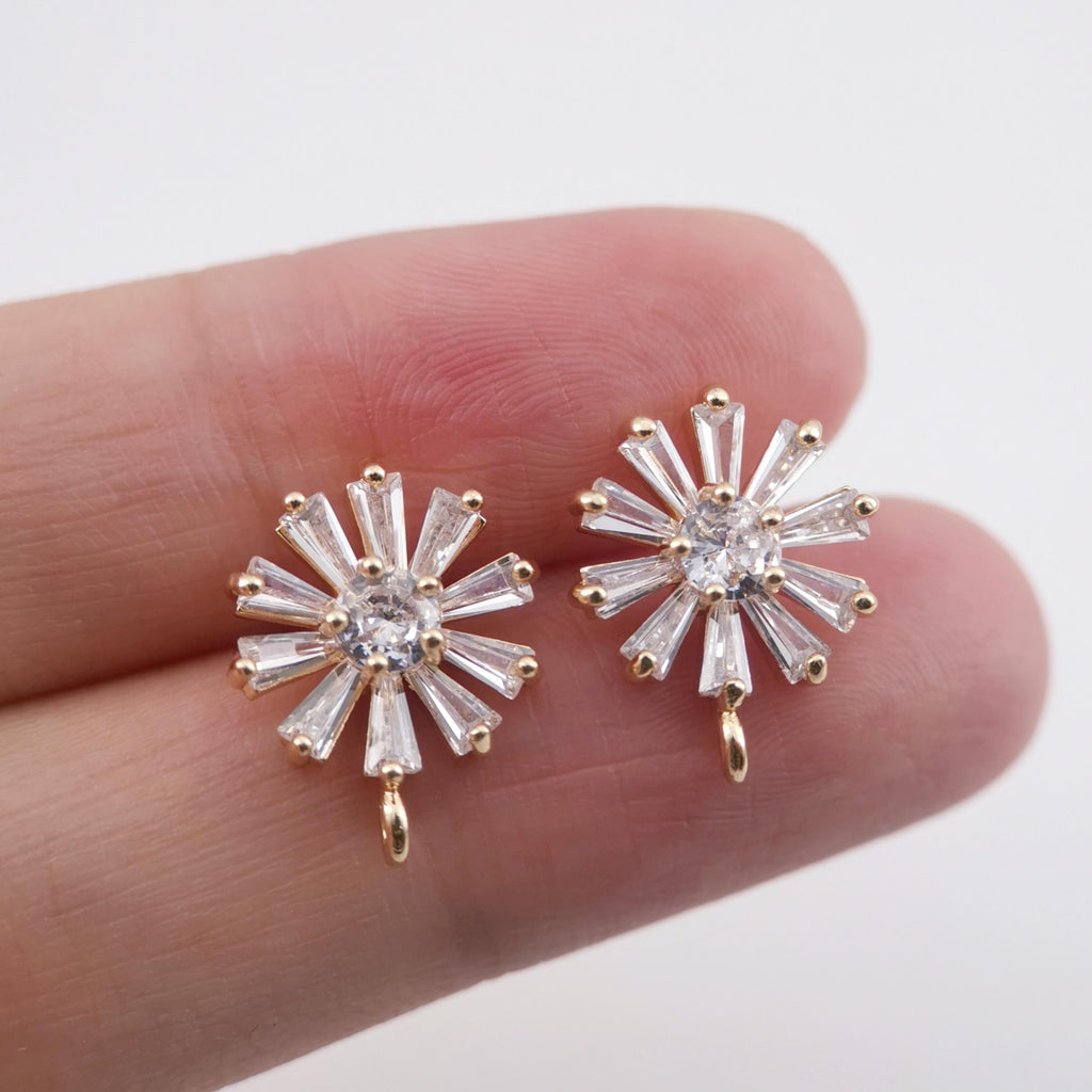 4 pendientes de circonita cúbica, pendientes de botón de latón chapado en oro auténtico con aro, pasador de plata S925, pendiente de flor, accesorio para pendientes Z012