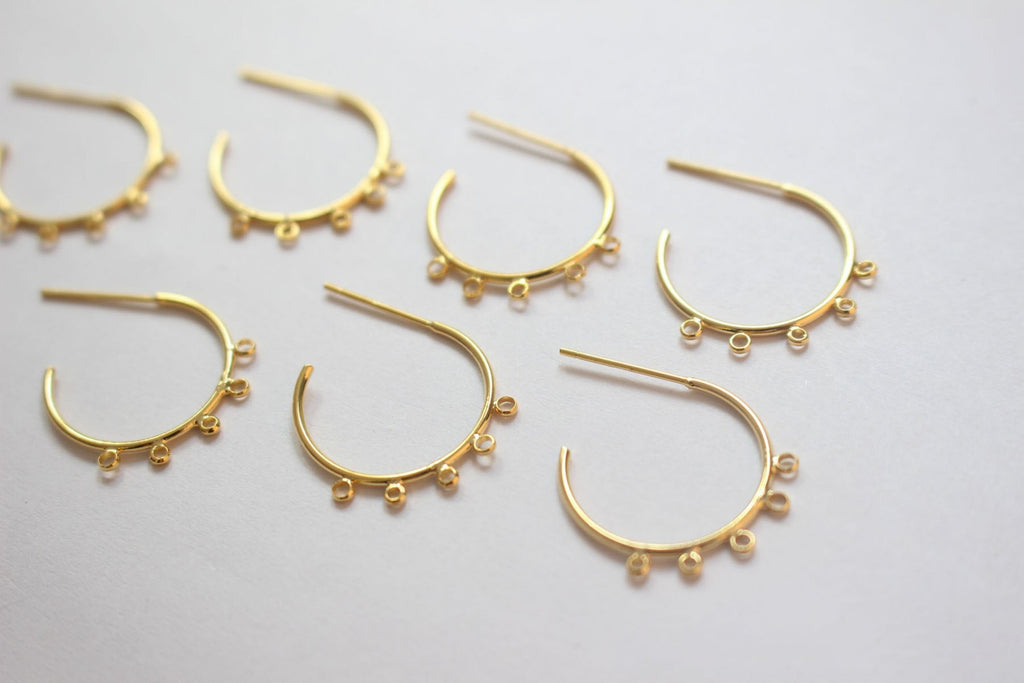 C Shape Earrings Post with 5 loops, 18K Gold, Nickel Free Earrings, Ear Stud Hypoallergenic Earring Findings BB079