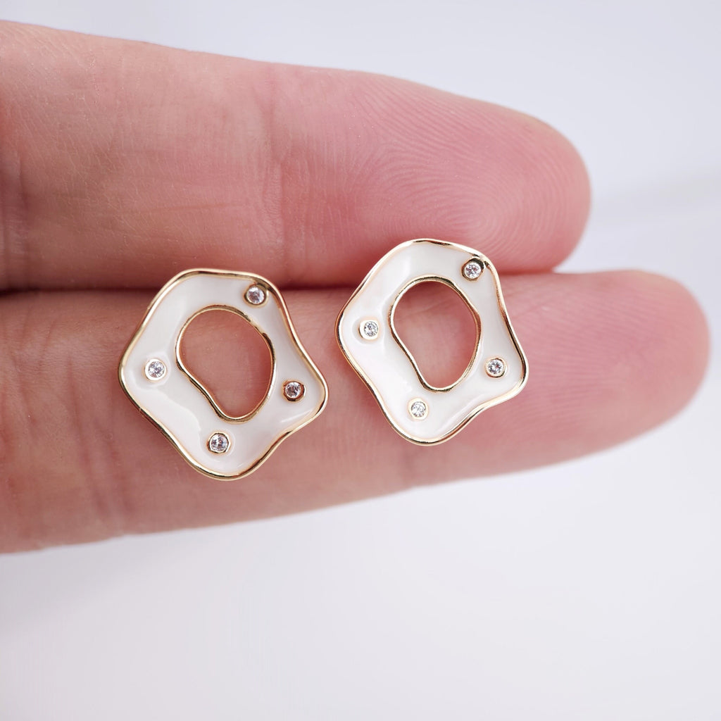 White Enamel Post Earrings,  Cutout Circle Zircons Earring Post with Loop, Handmade Earring Finding, DIY Earring Supplies ZX220