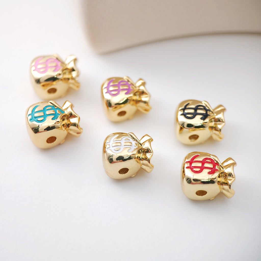Enamel Money Bag Beads, Dollar Spacer Beads, 18K Gold Plated,  Bracelet Necklace Making Jewelry Finding S1136