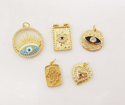 Evil Eye Charm, Coin Pendant, Heart Charm, 18K Gold Plated CZ Pave Eye Pendant, Necklace Making Charm, Jewelry Findings S1024