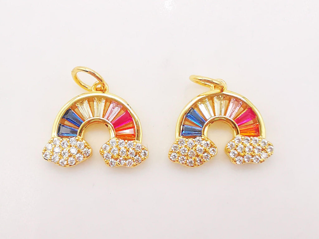 Dainty Rainbow Cloud Charm, Colorful Micro CZ Pave Rainbow Pendant, 14mm, 18K Gold Plated, Necklace Making Charm, Jewelry Findings S118